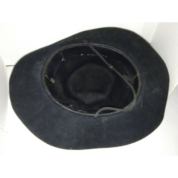 Vintage Black Wool Wide-Brim Hat With Feather Accent & Decorative Emblem - Picture 6 of 6